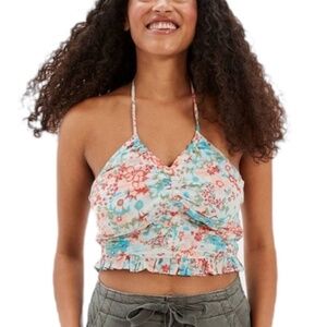 NWT American Eagle ruched blue coral floral cropped halter top M